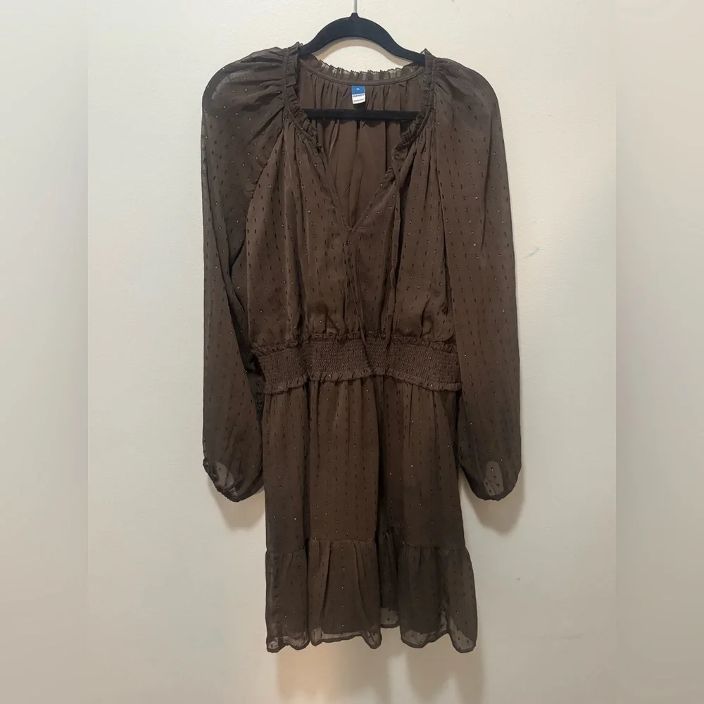 Old Navy Brown Shimmer Chiffon Mini Dress Long Sleeve Waist-Defined XL - Picture 3 of 6